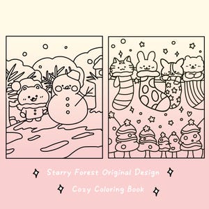 Peut inclure: Une page de coloriage en noir et blanc repr&eacute;sentant une sc&egrave;ne d'hiver avec un bonhomme de neige, un chat et un chien. La page est intitul&eacute;e "Starry Forest Original Design Cozy Coloring Book".