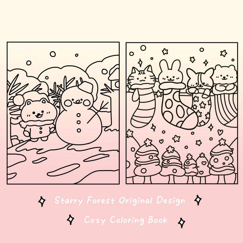 Peut inclure: Une page de coloriage en noir et blanc repr&eacute;sentant une sc&egrave;ne d'hiver avec un bonhomme de neige, un chat et un chien. La page est intitul&eacute;e "Starry Forest Original Design Cozy Coloring Book".