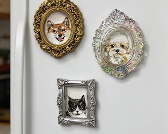 Custom Hand Painted Pet Portrait Refrigerator Magnets Personalized Dog Cat Memorial Gift Vintage Style Mini Frame Keepsake Pet Loss