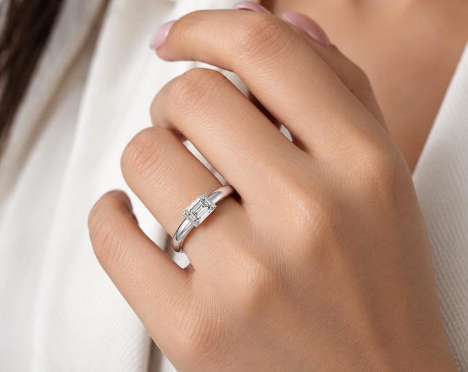 14Kt Gold Thin Band Ring with 0.50 Carat Emerald Lab Grown Diamond - Christmas Gift