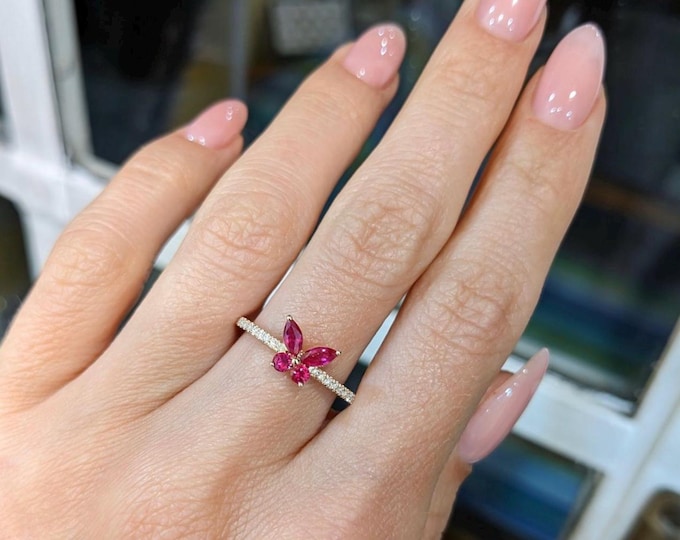 14K Gold Butterfly Ring with Lab Grown Diamond - Gift for Her