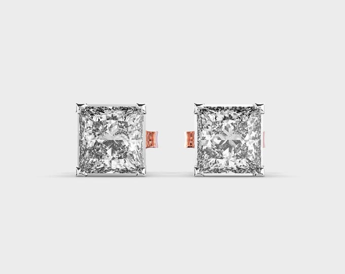 1 Carat Princess Cut Diamond Studs: DEF VS, 14K Rose Gold Solitaire