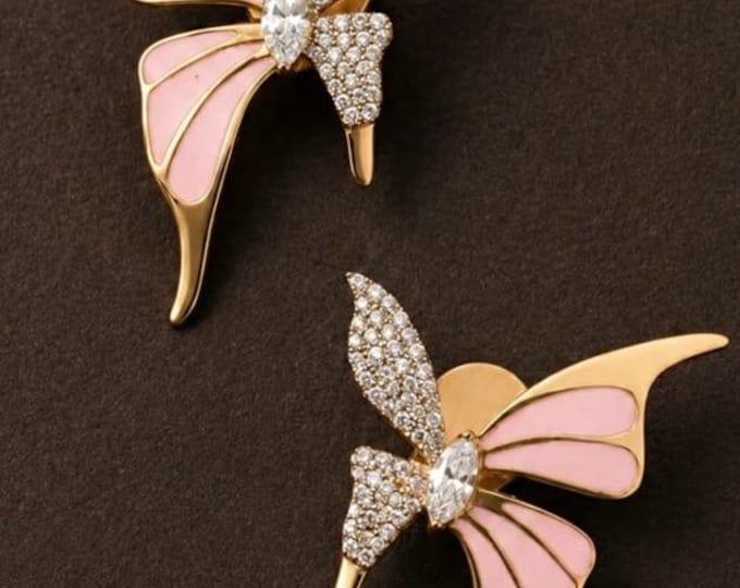 14K Yellow Gold Pink Butterfly Stud Earrings, 6.50 CT Lab Grown Gemstones for Her