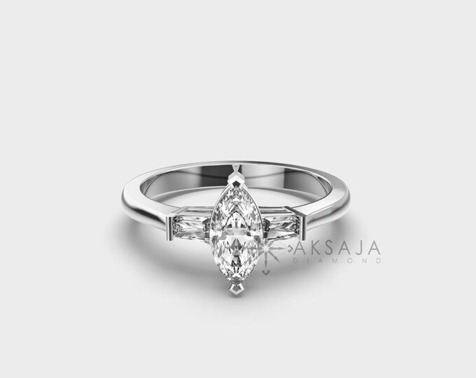 14K White Gold Lab Grown Diamond Ring: Marquise & Baguette Cluster