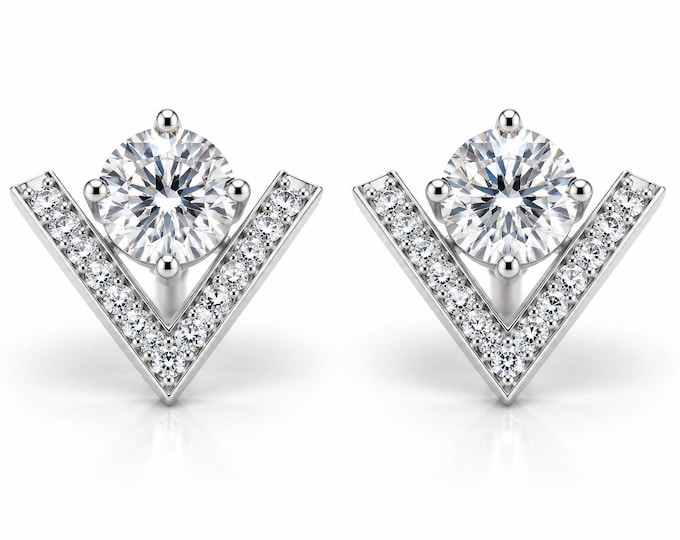 Round Lab Grown Earrings in 14k White Gold - Classic Studs / Gift for Her