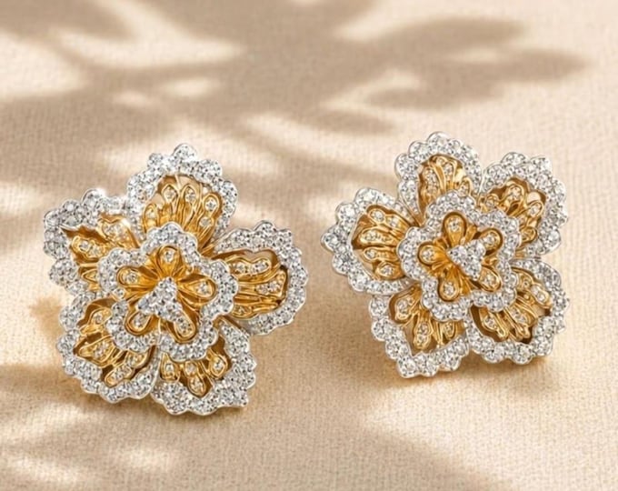 14K Yellow & White Gold Flower Stud Earrings | 2.80CT Lab Grown Diamond