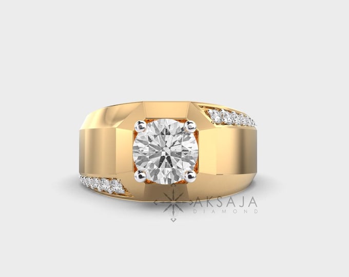 Men's 1.16 CT Lab Diamond Solitaire Ring: 14k Yellow & White Gold