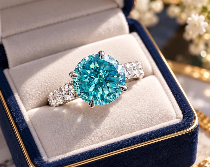 3 Carat Blue Portuguese Cut Moissanite Ring – Promise Gift for Her