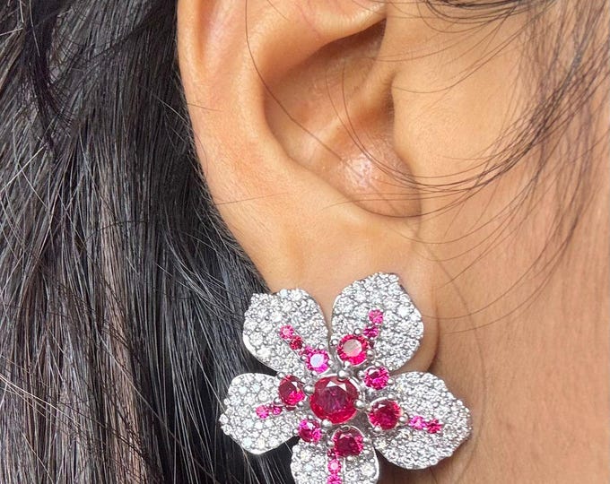14K White Gold Lab Diamond Flower Earrings, Red CZ Accents, Screw Back Studs