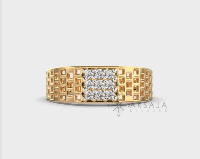 Lab Grown Diamond Men's Wedding Ring: 14K Gold Vintage Style. DEF. VS1