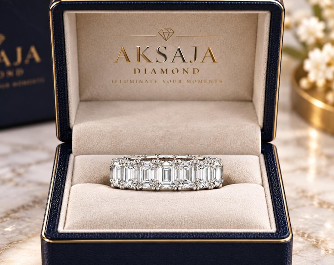 14k White Gold Emerald Cut Lab Grown Diamond Band - 7.6 CT Anniversary Ring