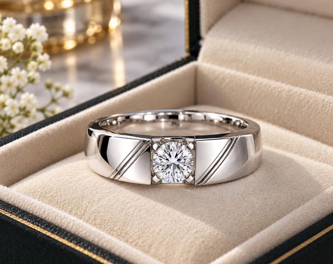0.50 Carat Lab Grown Diamond Men's Wedding Ring: 14k White Gold