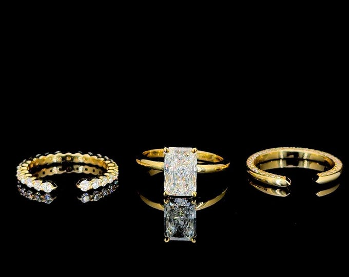 2.30 Carat Radiant Lab Diamond Engagement Ring: 14k Gold CVD Triple Band
