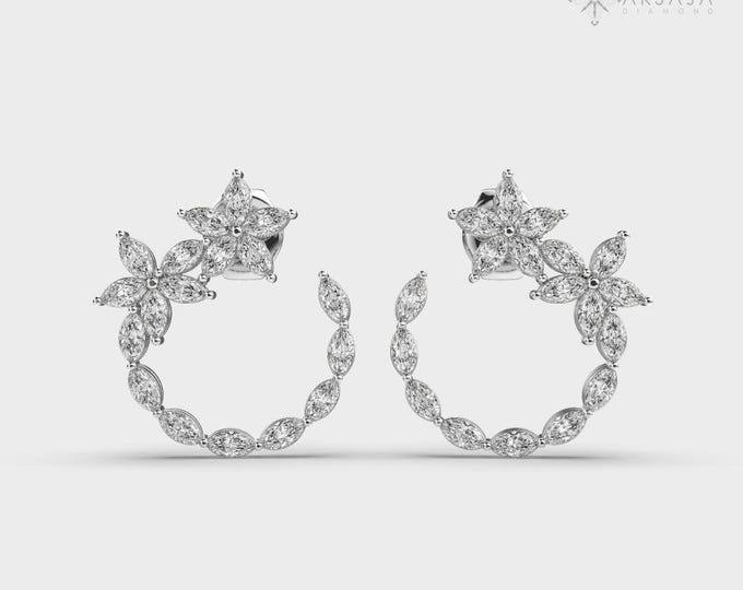 14k White Gold Lab Diamond Floral Hoop Earrings - Gift for Her