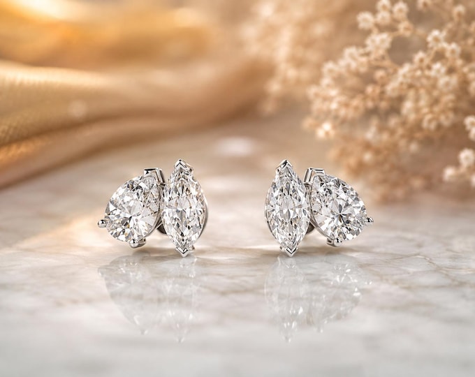 14k White Gold Pear & Marquise Diamond Stud Earrings - Lab Grown Jewelry, Gift for Her