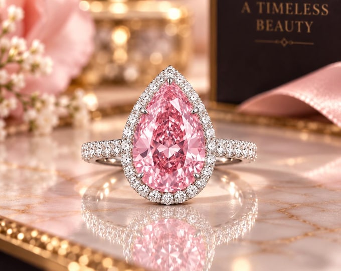 4 Ct Pear Vivid Pink Solitaire Ring -  Anniversary Gift for Her