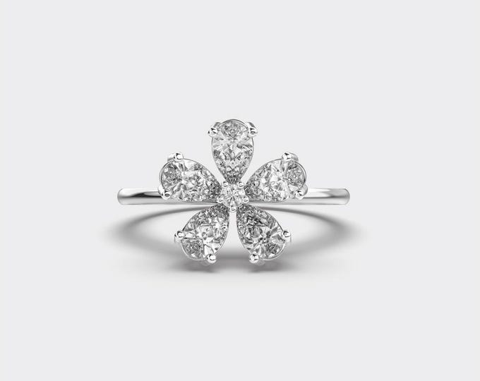 14K White Gold Lab Diamond Flower Engagement Ring – Handcrafted Floral Design