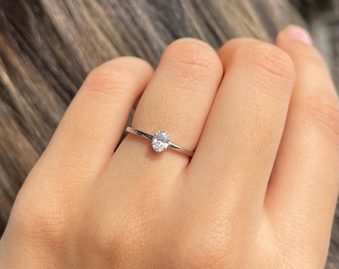 14k White Gold Oval Lab Grown Diamond Ring | Solitaire Band |  Gift for Her
