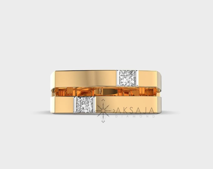 Dual Princess Lab Grown Diamond Ring For Men, 14k Gold Band