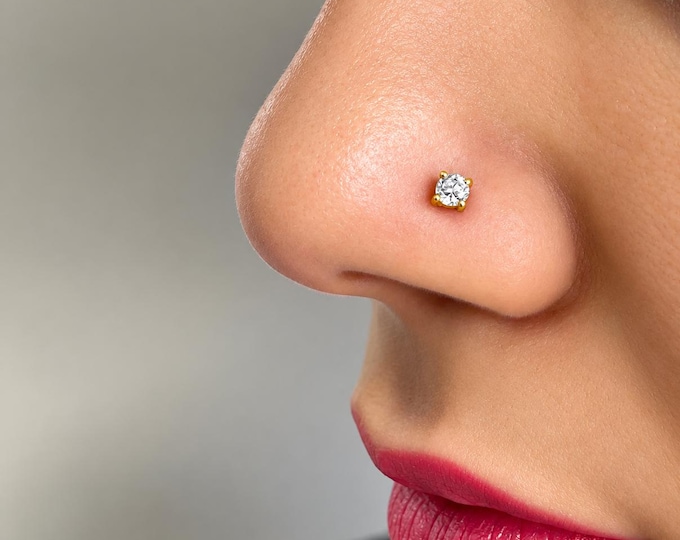 14K Gold Natural Diamond Nose Pin - Minimalist Nose Jewelry Gift for Her