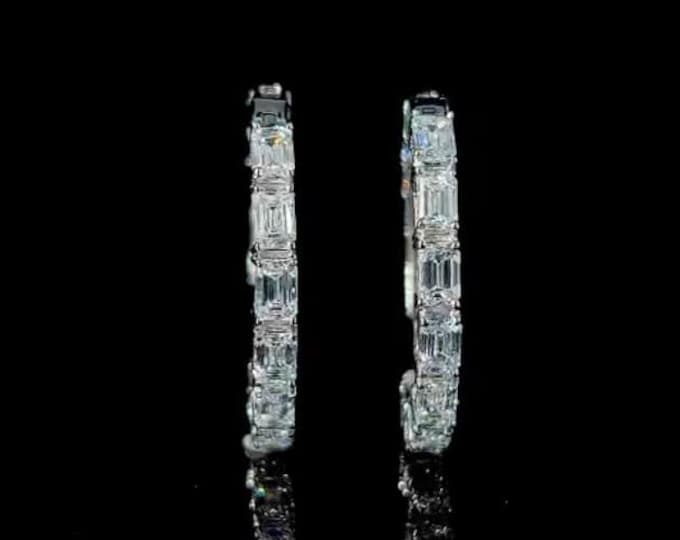 2 Carat Lab Emerald Huggie Hoop Earrings: 14K White Gold Dainty Hoops. DEF. VVS-VS.