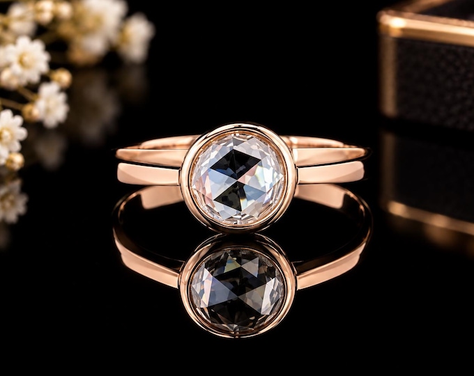 14K Rose Gold Solitaire Ring with 0.50 Ct Lab-Created Rose Cut Diamond