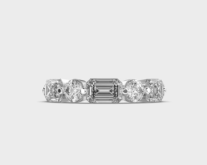 Multi-Stone Round Emerald Diamond Wedding Ring in White Gold – Anniversary Gift