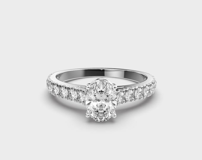 Oval Lab Grown Diamond Halo Ring: 14K White Gold Pave Band
