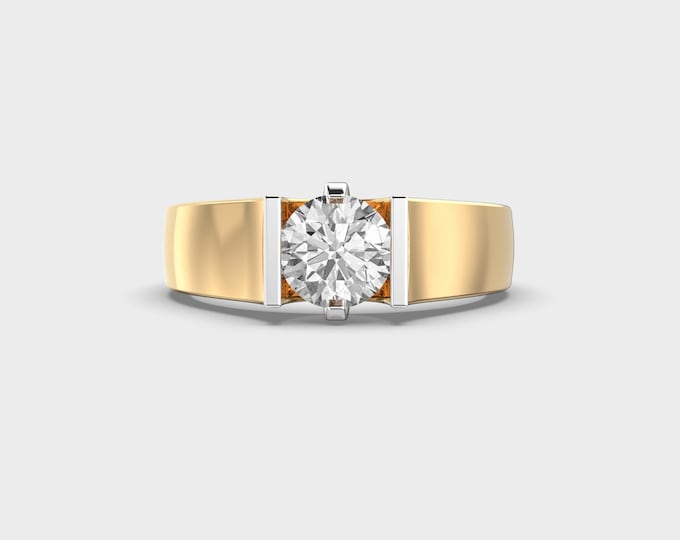 Men's 14Kt Yellow Gold Ring with 1 Carat Round Lab Grown Diamond