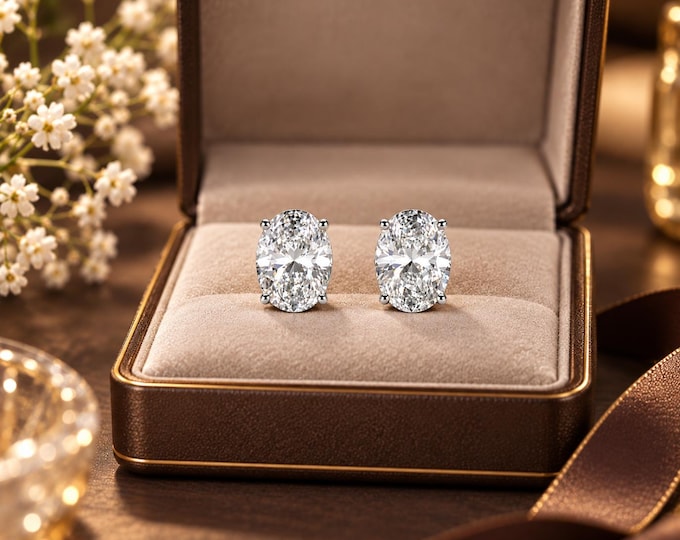 14K Solid White Gold Oval Cut Earrings | Lab Grown Diamond Studs for Anniversary Gift