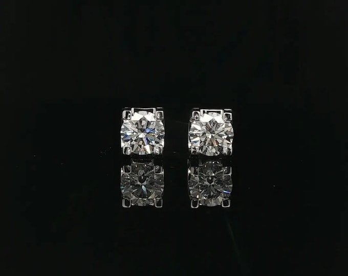 IGI Certified 2 Carat Round Lab Grown Diamond Stud Earrings, 1 Ct Each, Bull Head Setting