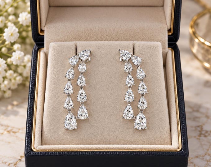 3 Carat Pear Lab Grown Diamond Dangler Earrings: 14K White Gold