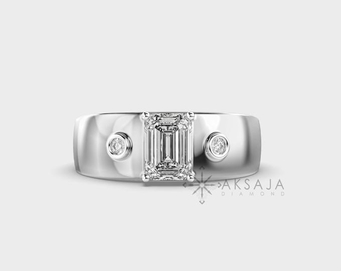 1 Carat Lab Grown Emerald Cut Diamond Men's Ring - 14k White Gold. DEF. VS1