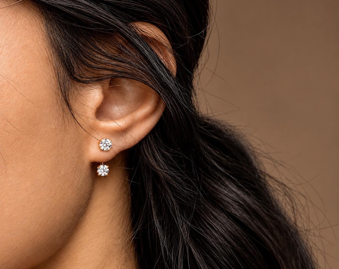 Sterling Silver Moissanite Duo Stud Earrings – Elegant Gift for Her, Mom
