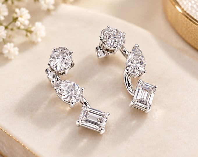 Multi Shape Lab Grown Diamond Cluster Earrings in 14K Gold | Birthday Gift for Her