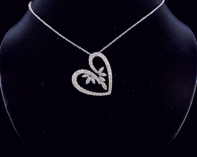 Natural Diamond Heart Pendant with Leaf Design (1.30 Carat, DEF Color, VS1 Clarity)
