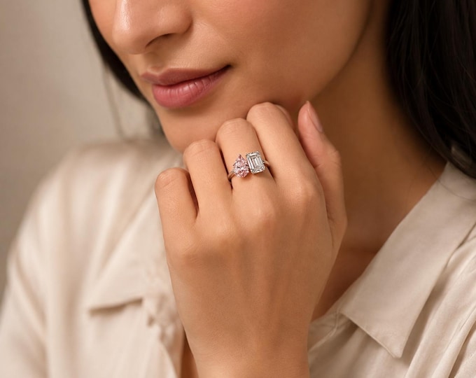 IGI Certified 3ct Emerald Cut & 2ct Pink Pear Toi et Moi Wedding Ring