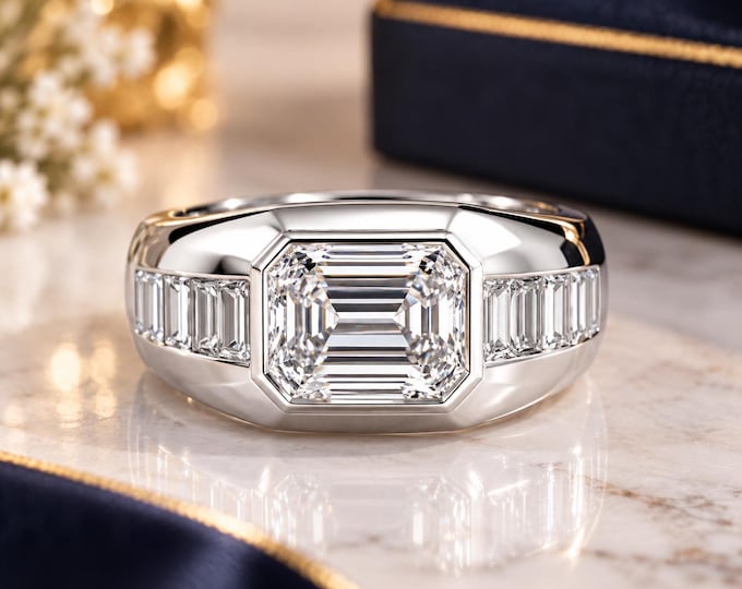 3 Carat Emerald Cut  Men's Ring - 14K White Gold Wedding Ring, Gift for Him