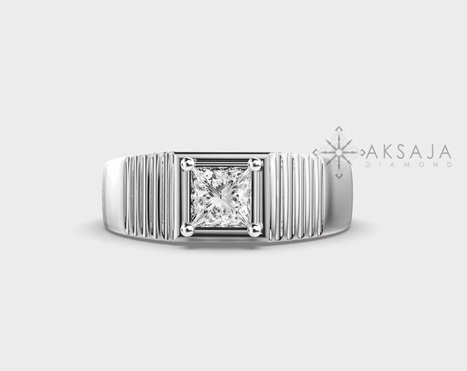 Men's Lab Diamond Ring: 14k White Gold Wedding Band. Gift for Him