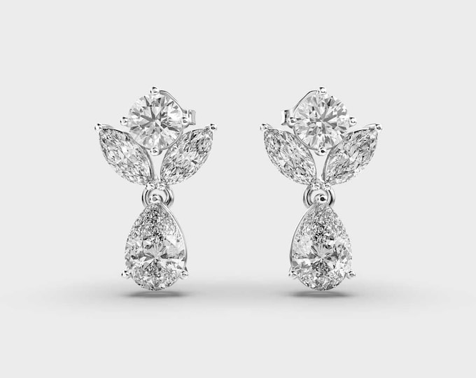 3.2 CT Lab Grown Diamond Earrings: 14K White Gold Daisy Cluster Studs
