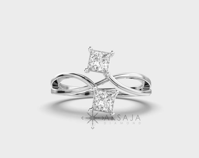 14K White Gold Princess Cut Lab Grown Diamond Ring with Hidden Halo Design