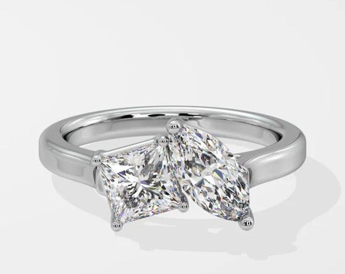 14K White Gold Toi Et Moi Ring with Lab Grown Princess & Marquise Diamonds
