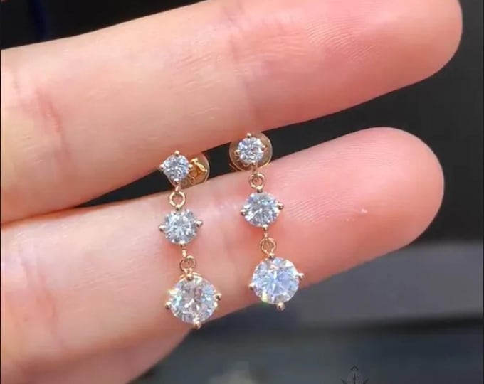 14Kt Gold 3-Stone Studs: 1.14 CTW Lab Grown Diamond Dangle Earrings