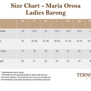 K&ouml;nnte beinhalten: Gr&ouml;&szlig;entabelle f&uuml;r Damen-Barong, ein traditionelles philippinisches Kleidungsst&uuml;ck, mit Ma&szlig;en in Zoll f&uuml;r Schulter, Brust, Armloch und L&auml;nge. Die Gr&ouml;&szlig;en reichen von XS bis 3XL.