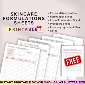 Puede incluir: Hojas de formulación de cuidado de la piel imprimibles en formato PDF. Las hojas incluyen una lista de formulaciones, una hoja de procedimiento, una hoja de inventario de ingredientes y notas. Las hojas están disponibles en tamaño A4, A5 y carta.