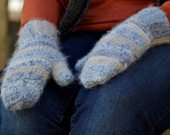 Blue and Taupe Crochet Handmade Mittens