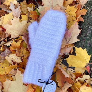 White Wool Blend Crochet Handmade Adult Mittens, Ready to Ship