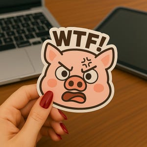 Pegatina de cerdo enojado - WTF - Vinilo de dibujos animados - Bonita pegatina para portátil - Pegatina impermeable de animal para coche, iPad, tableta y portátil