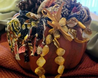 Orange Pumpkin Thanksgiving Centerpiece: Fall Table Decor, Gold Stone Necklace