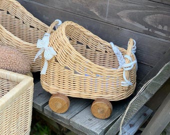 Handmade Wicker Doll Stroller With Wooden Chassis – Vintage Toy For Kids, Decorative Nursery Accessory